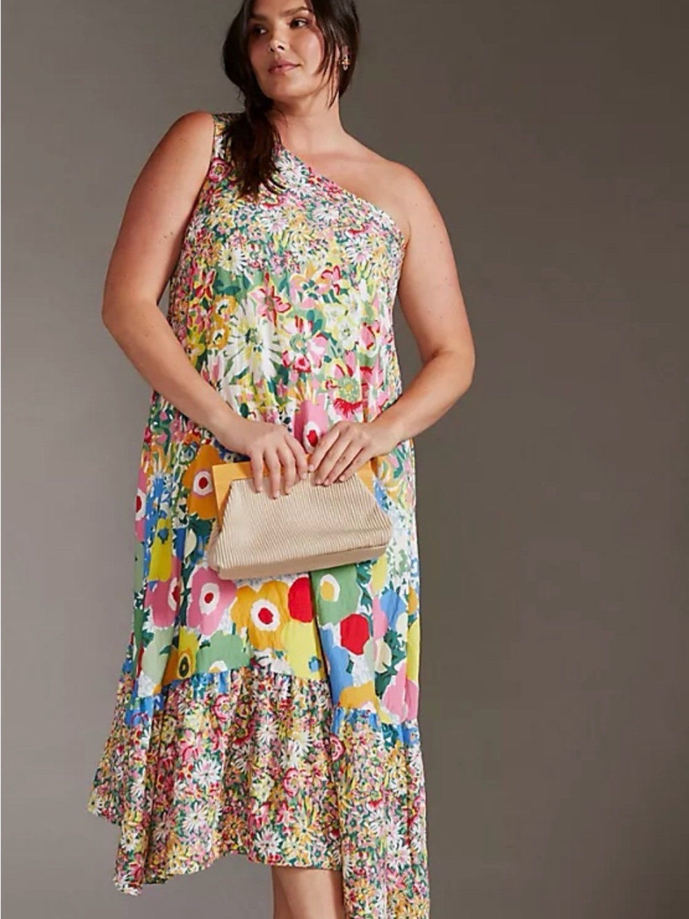 Anthropologie One-Shoulder Floral Midi Dress in Multi-Color